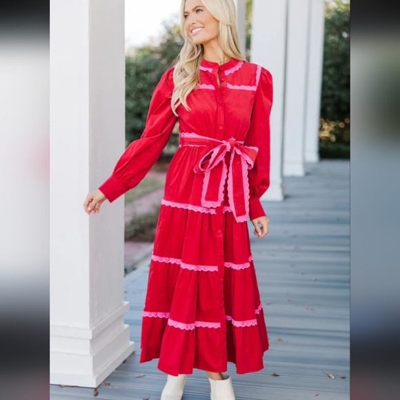 TCEC Dresses & Skirts - TCEC Vibrant Red Midi Dress with Pink Accents